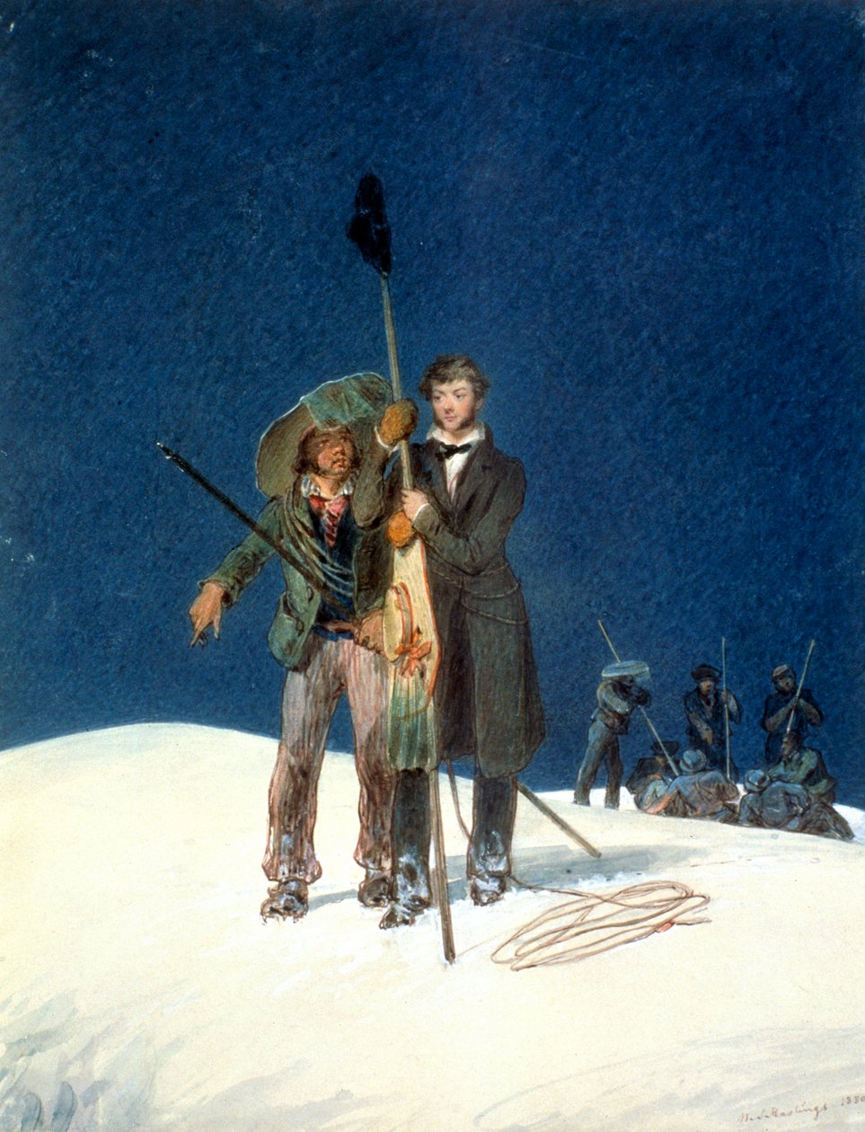 Charles Fellows mit William Hawes pflanzt einen Stab auf dem Gipfel des Mont Blanc von WS Hastings