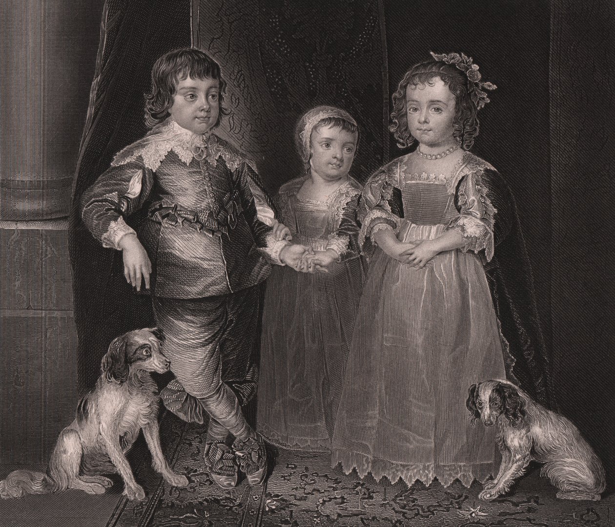 Charles, James und Henrietta, Kinder von Charles I. von England, Gravur aus Payne