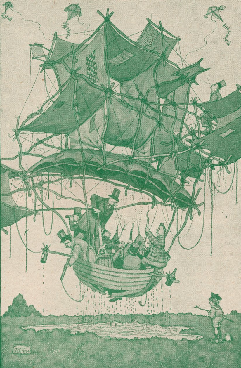 Ein sehr früher Typ eines Wasserflugzeugs bei einem Testflug von den Hampstead Ponds, um 1918-1919 von William Heath Robinson