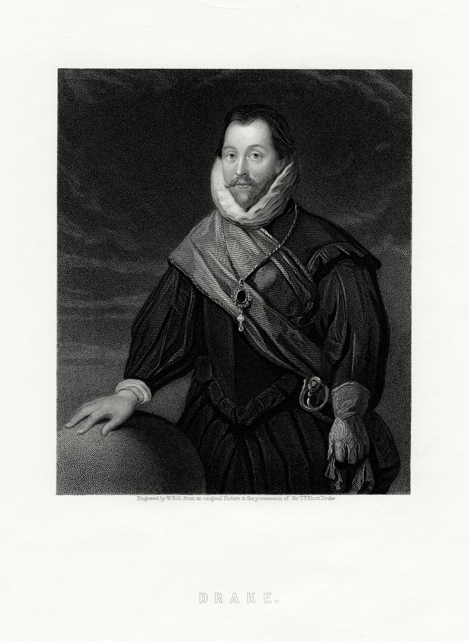 Sir Francis Drake, englischer Freibeuter, Navigator, Marinepionier, Politiker, 19. Jahrhundert von W. Holl