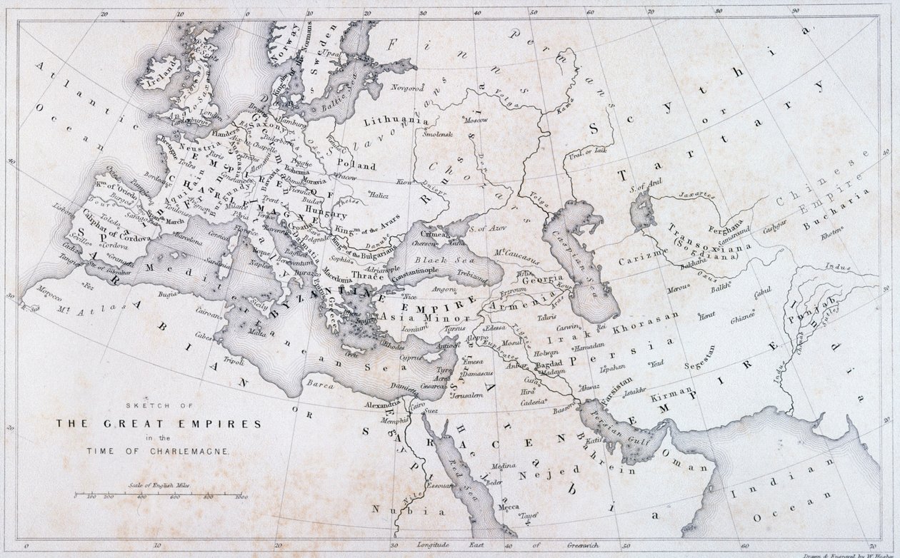 Die großen Reiche zur Zeit Karls des Großen, um 1850 von W Hughes