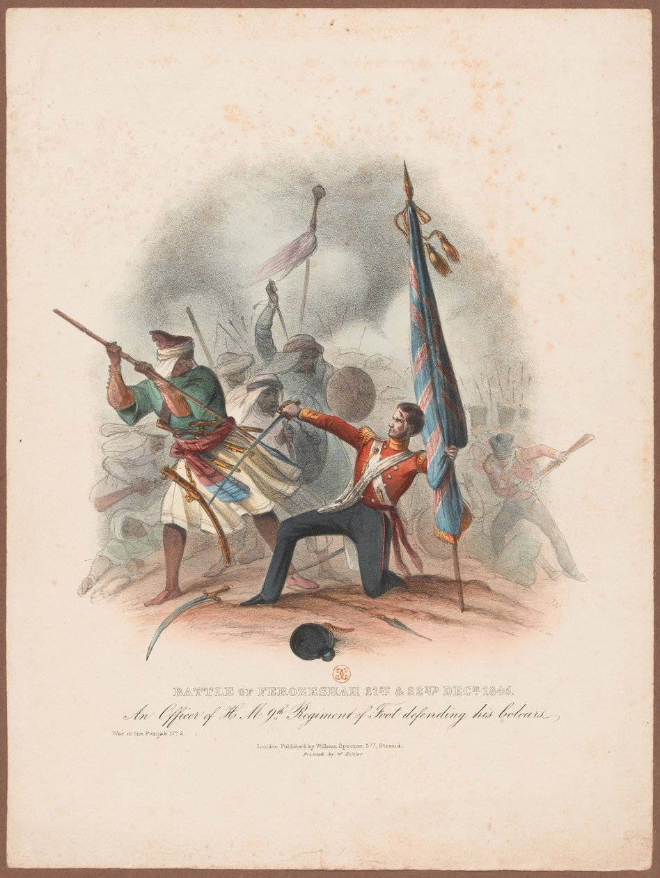 Schlacht von Ferozeshah, 21. & 22. Dezember 1845. Ein Offizier des HM 9. Regiments verteidigt seine Farben von W. Kohler