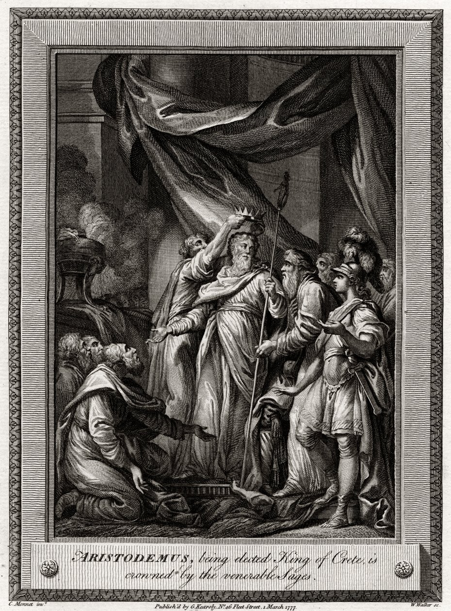 Aristodemus, zum König von Kreta gewählt, wird von den ehrwürdigen Weisen gekrönt, 1777 von W. Walker