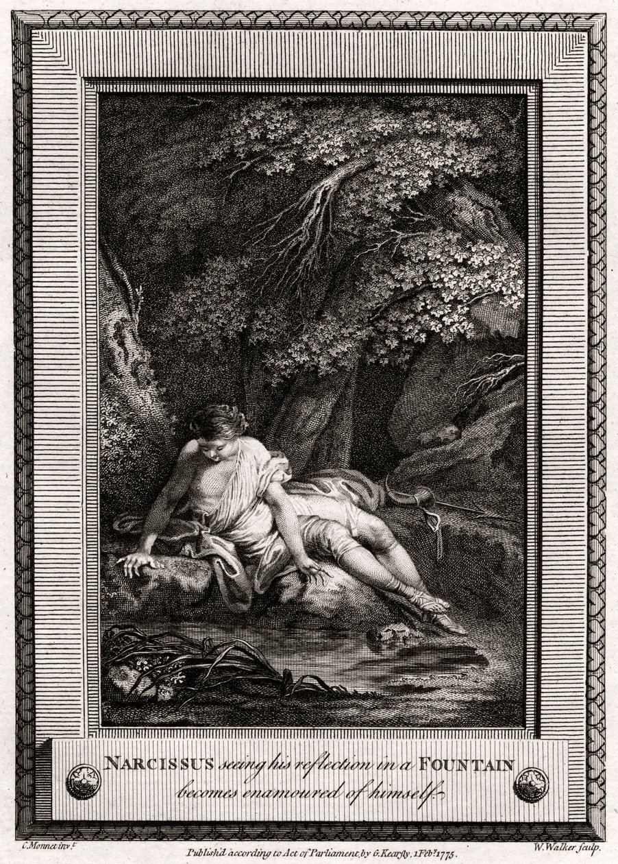 Narziss sieht sein Spiegelbild in einem Brunnen und verliebt sich in sich selbst, 1775 von W. Walker
