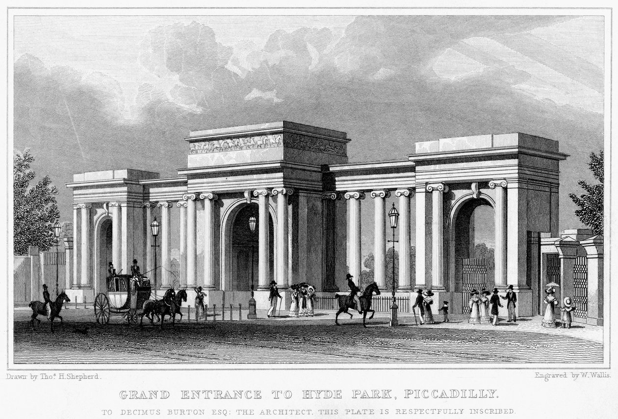 Großer Eingang zum Hyde Park, Piccadilly, Westminster, London, 19. Jahrhundert von W. Wallis