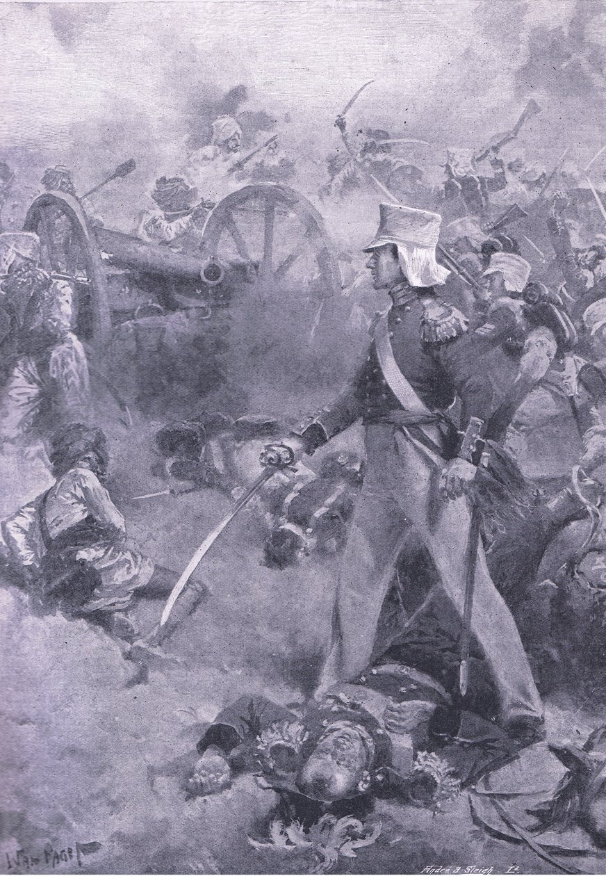 Chilianwala, 13. Januar 1849: Der Leichnam von Pennycuick bewacht von seinem Sohn, Illustration aus British Battles on Land and Sea, 1915 von Wal Paget