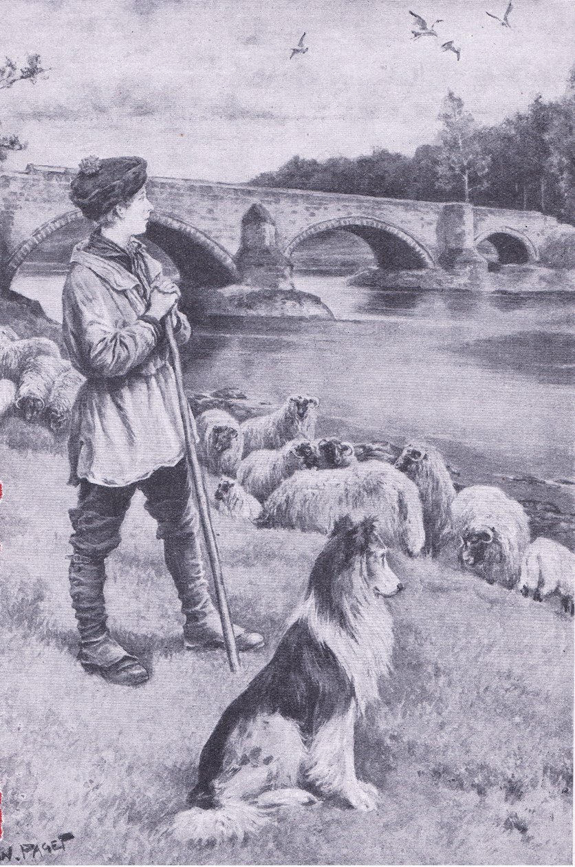 Der Anblick der alten römischen Brücke in Musselburgh regt die Fantasie von John Rennie, dem Schäferjungen, an, aus My Magazine, veröffentlicht 1922 (Lithografie) von Wal Paget