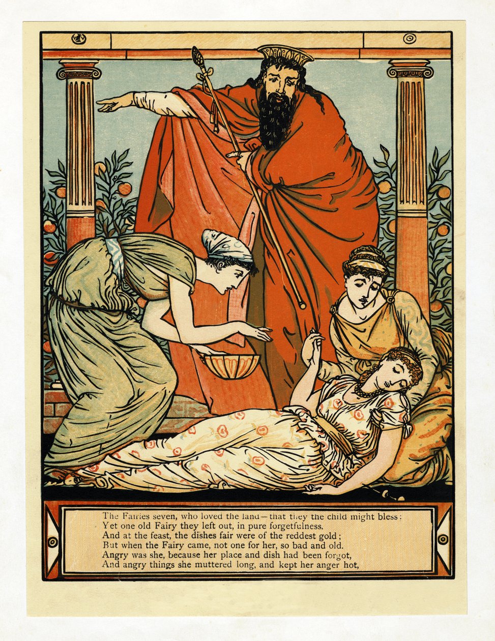 Und sie fällt in einen todesähnlichen Schlaf, aus dem Blue Beard Picture Book, veröffentlicht 1879 von Walter Crane