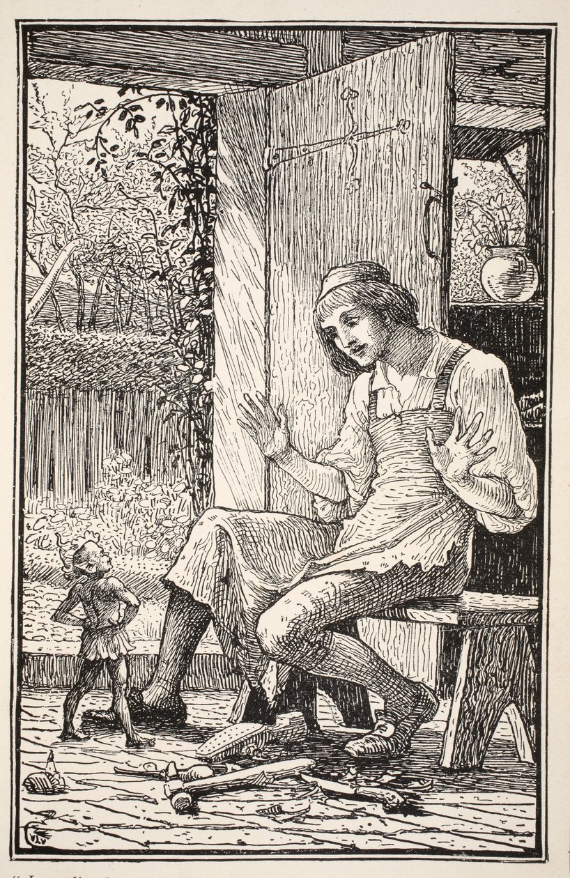 Sofort sprang ein winziges Wesen unter den Lederresten zu seinen Füßen hervor, verschränkte die Arme und lachte ein Koboldlachen in Taffys erstauntes Gesicht, Illustration aus 