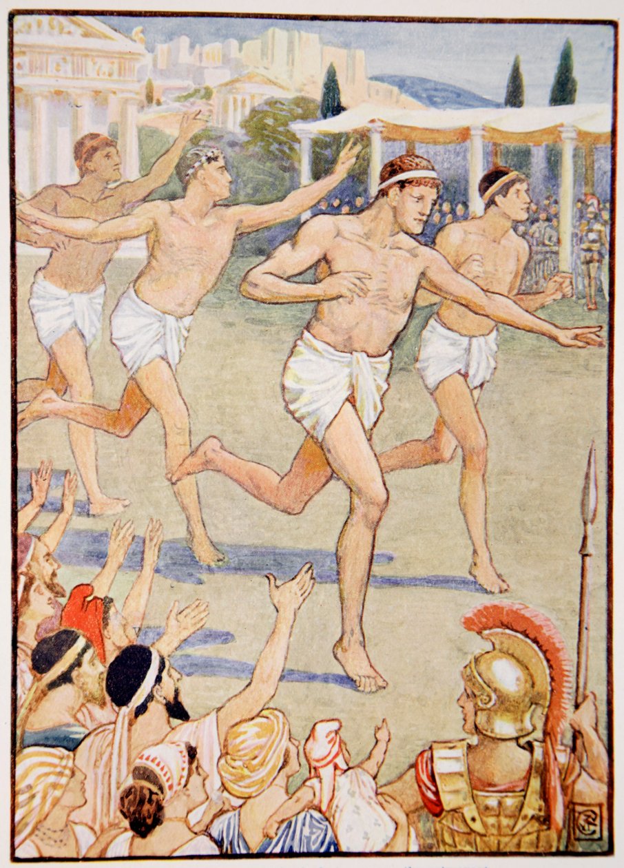 In frühester Zeit war ein einfacher Fußrennen das einzige Ereignis, Illustration aus The Story of Greece von Mary Macgregor, 1. Ausgabe, 1913 von Walter Crane