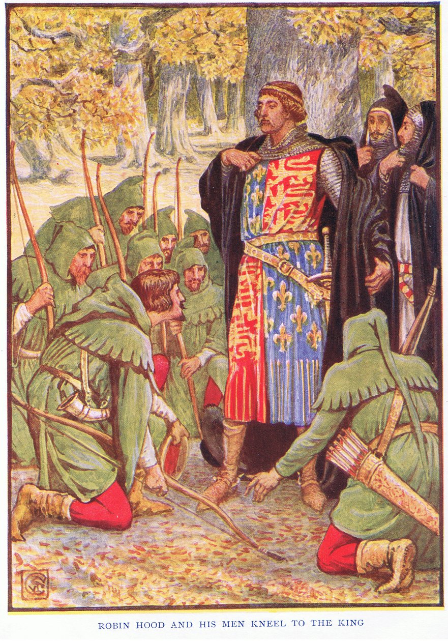 Robin und seine Männer knien vor dem König, ca. 1920 von Walter Crane