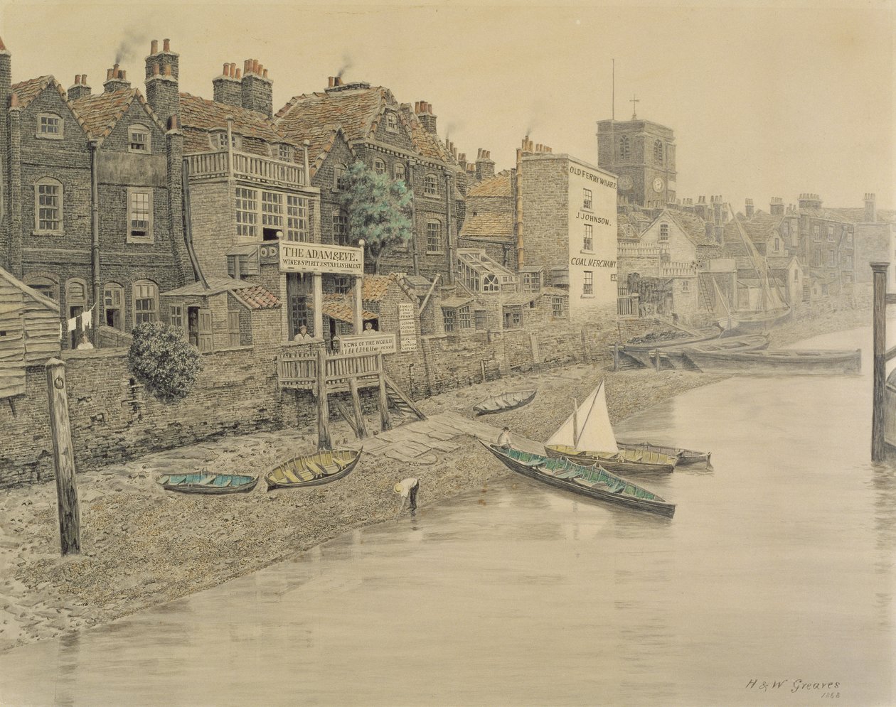 Ein Blick auf die Themse, der die Adam und Eva Taverne in Chelsea zeigt, 1868 von Walter Greaves