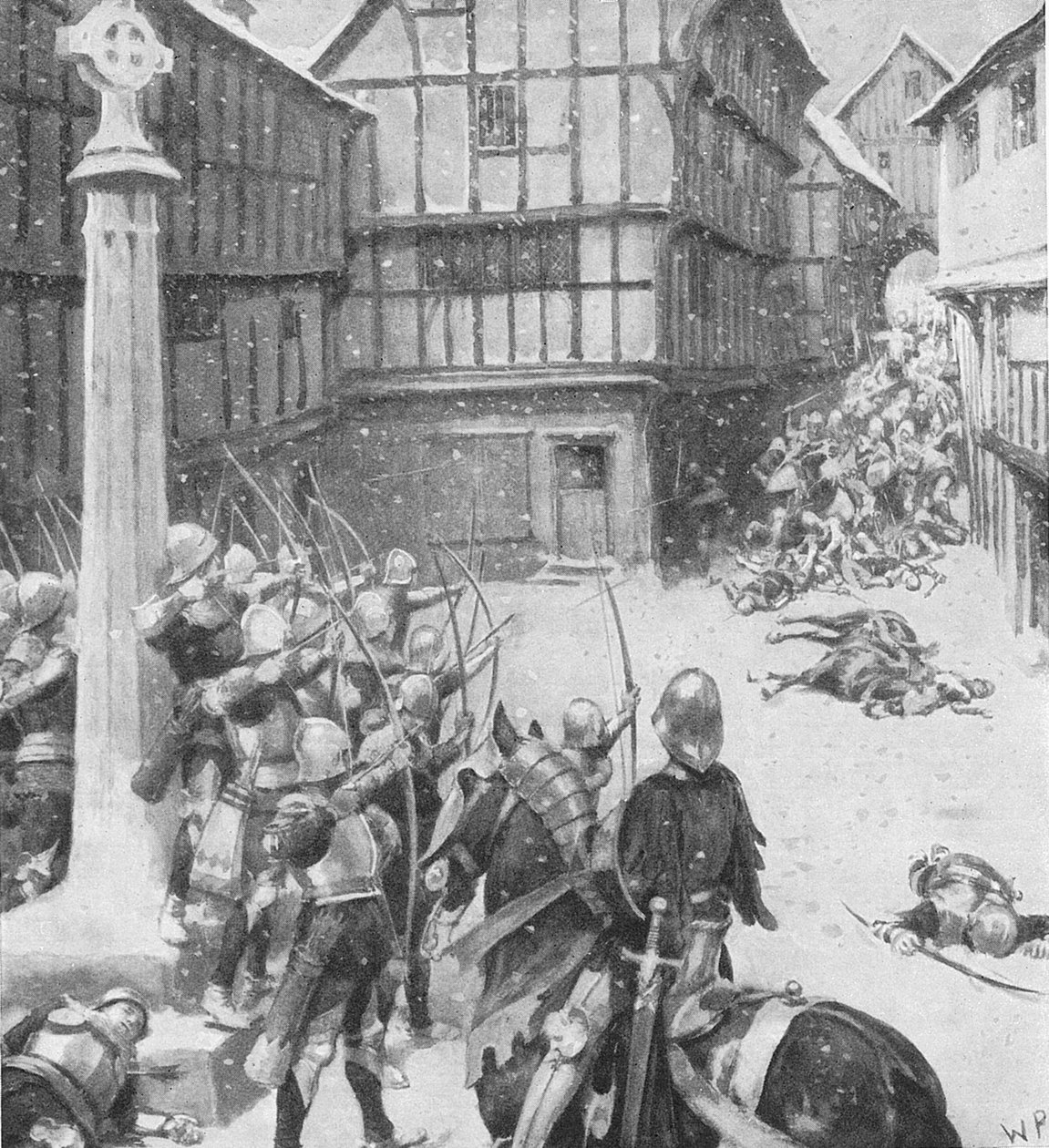 Ein Körper von Bogenschützen formierte sich und schoss Pfeil um Pfeil in die Mitte ihrer Feinde, Illustration aus 
