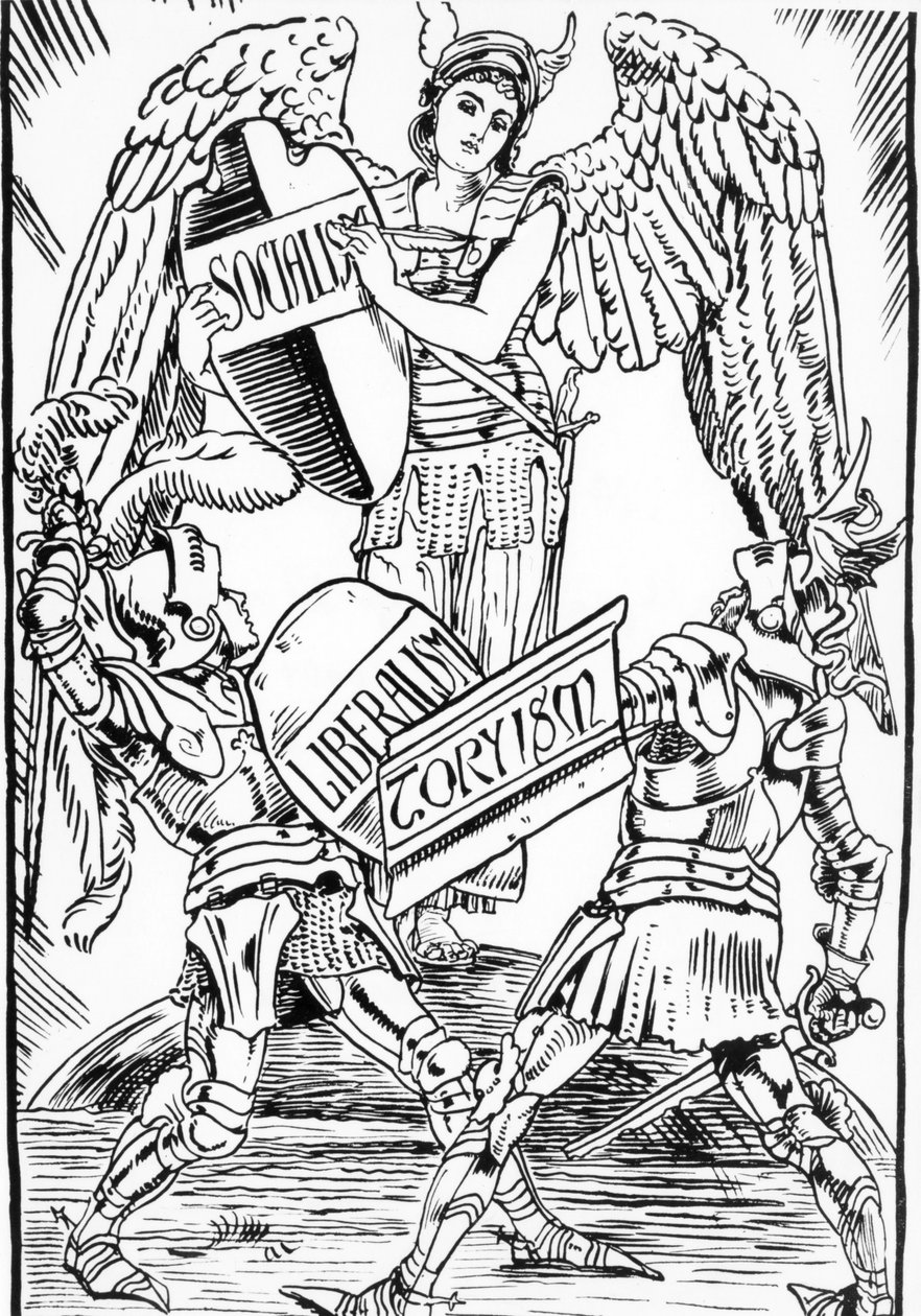 Allegorie von Walter Crane: Der Sozialismus triumphiert hart im Kampf zwischen Liberalismus und Toryismus (Englische Konservative Partei). Stich aus dem späten 19. Jahrhundert. von Walter Crane