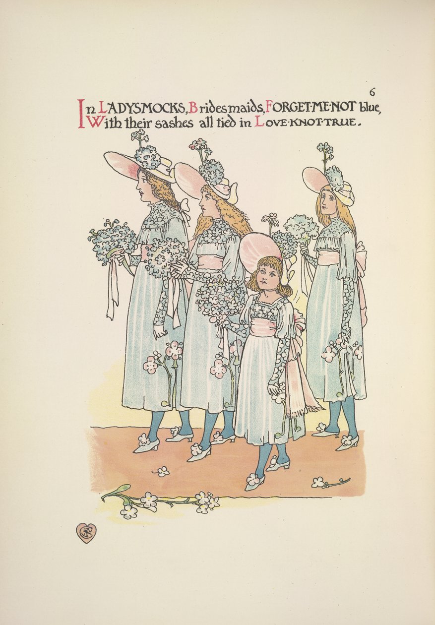Brautjungfern in Vergissmeinnicht-blauen Damenkleidern von Walter Crane