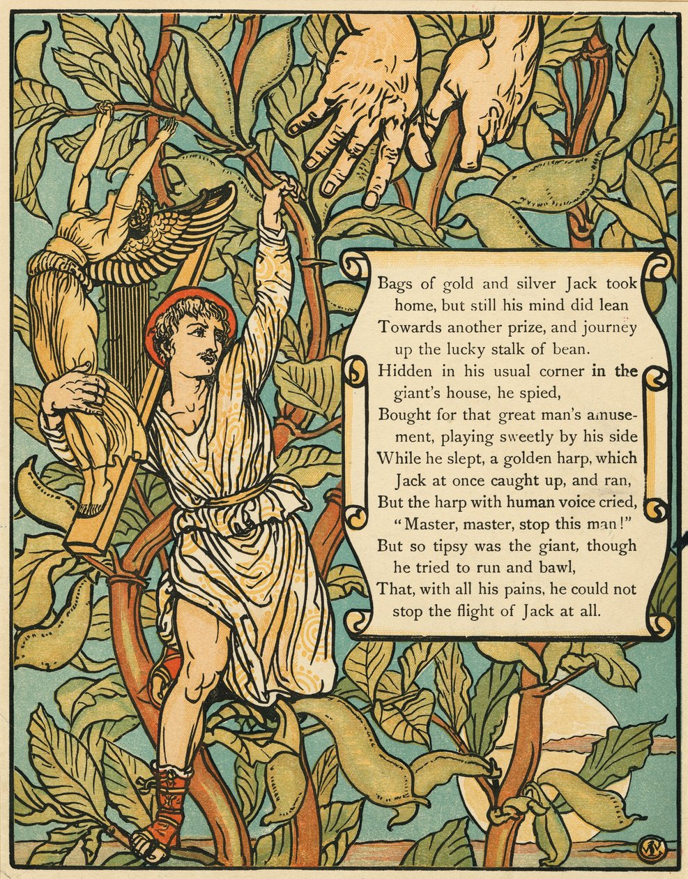 Jack steigt die Bohnenranke hinunter aus Jack und die Bohnenranke, veröffentlicht 1875, Farblithographie, 1875 von Walter Crane