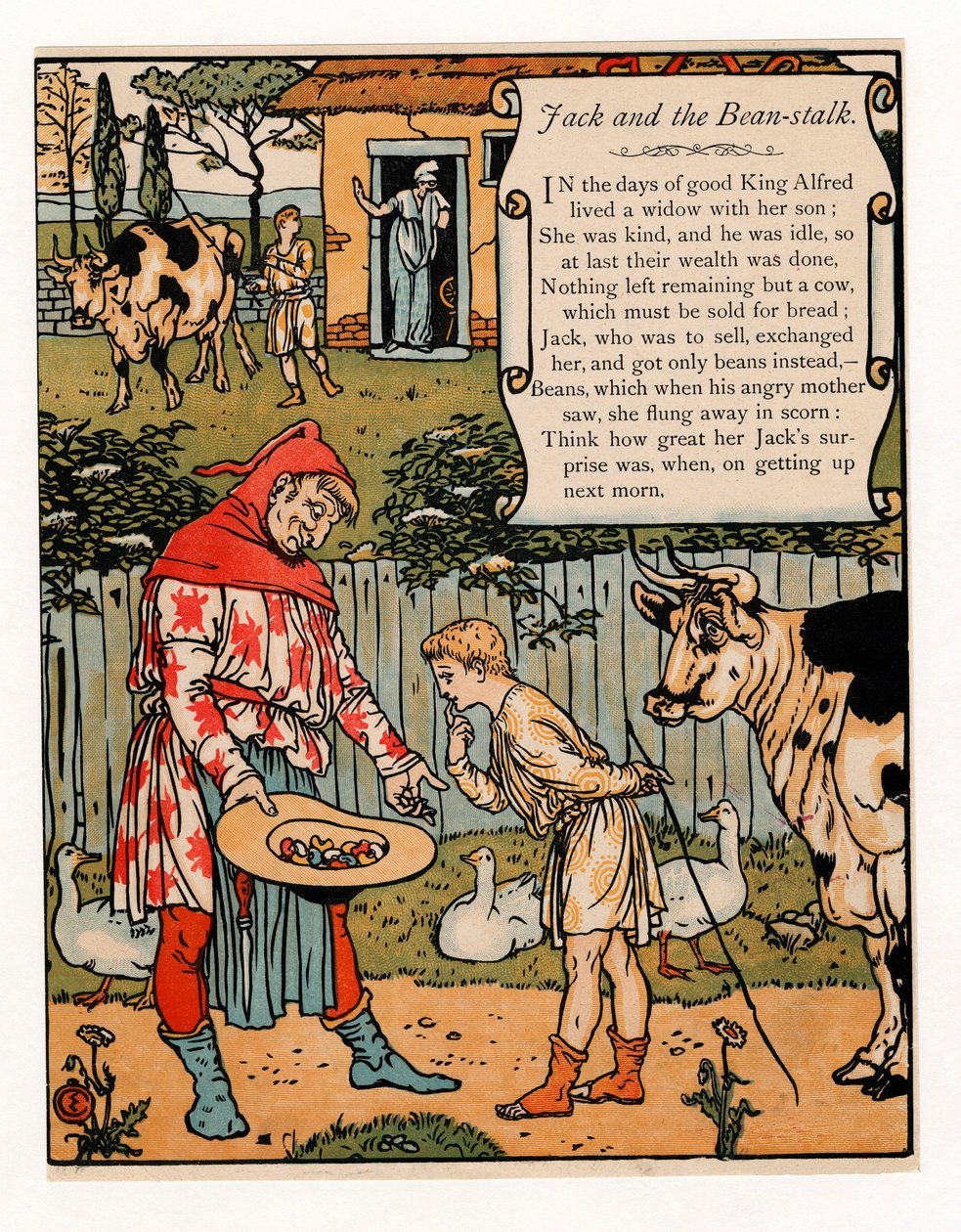 Jack verkauft seine Kuh für Bohnen, aus Das Blaue Bart Bilderbuch, veröffentlicht 1879 von Walter Crane