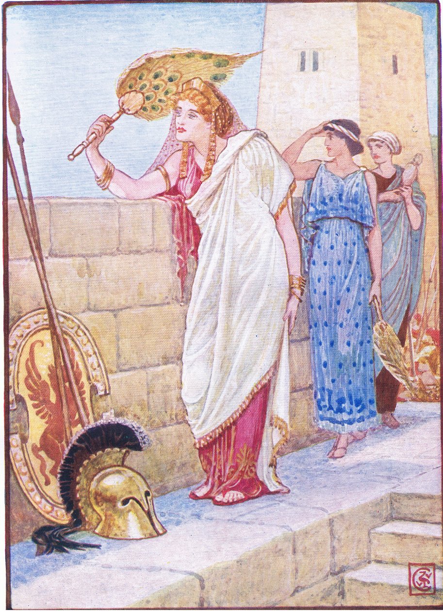 Oft stand sie auf den Mauern von Troja, Illustration aus Die Geschichte Griechenlands, 1930er Jahre von Walter Crane