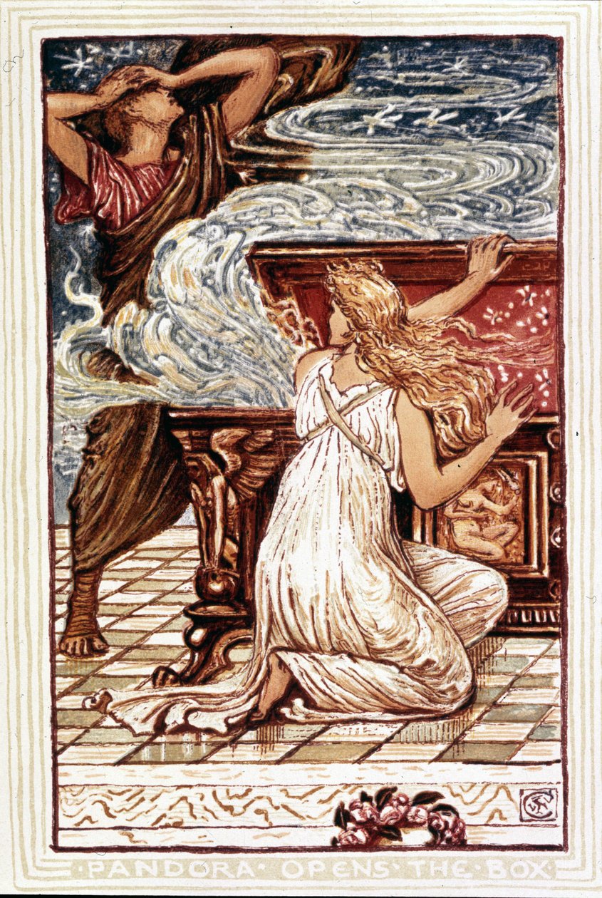 Pandora öffnet die Büchse. Illustration von Walter Crane für „Wonder book for girls and boys“, London 1893. von Walter Crane