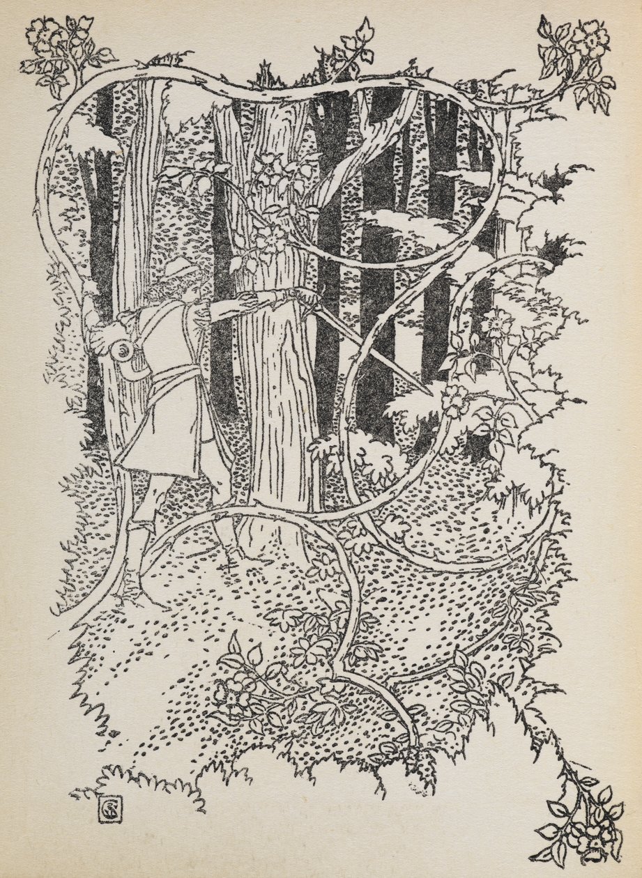 Prinz Charming bahnt sich seinen Weg durch den überwucherten Wald zu Dornröschen von Walter Crane