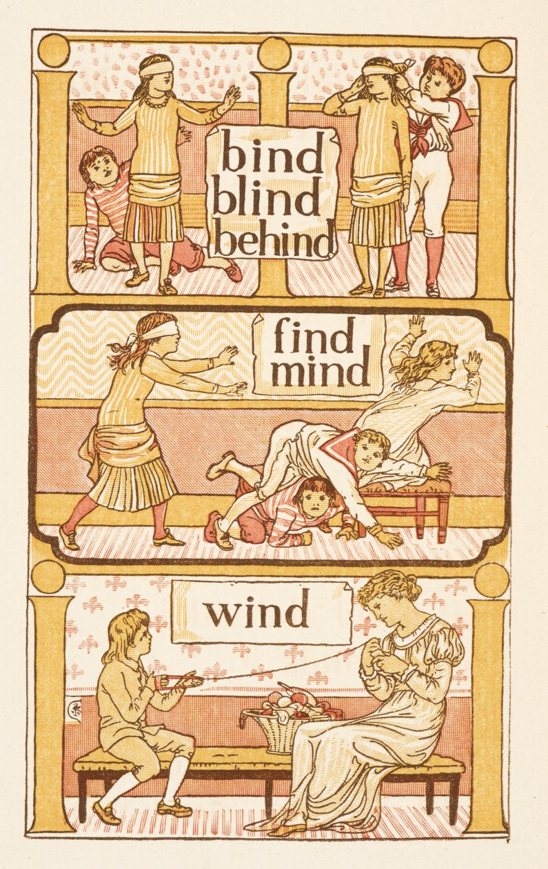 Reimwörter, die mit dem Buchstaben D enden. Ein Spiel von Blindekuh. Zur Veranschaulichung der Verwendung des Buchstabens i. Der Goldene Primer von Walter Crane