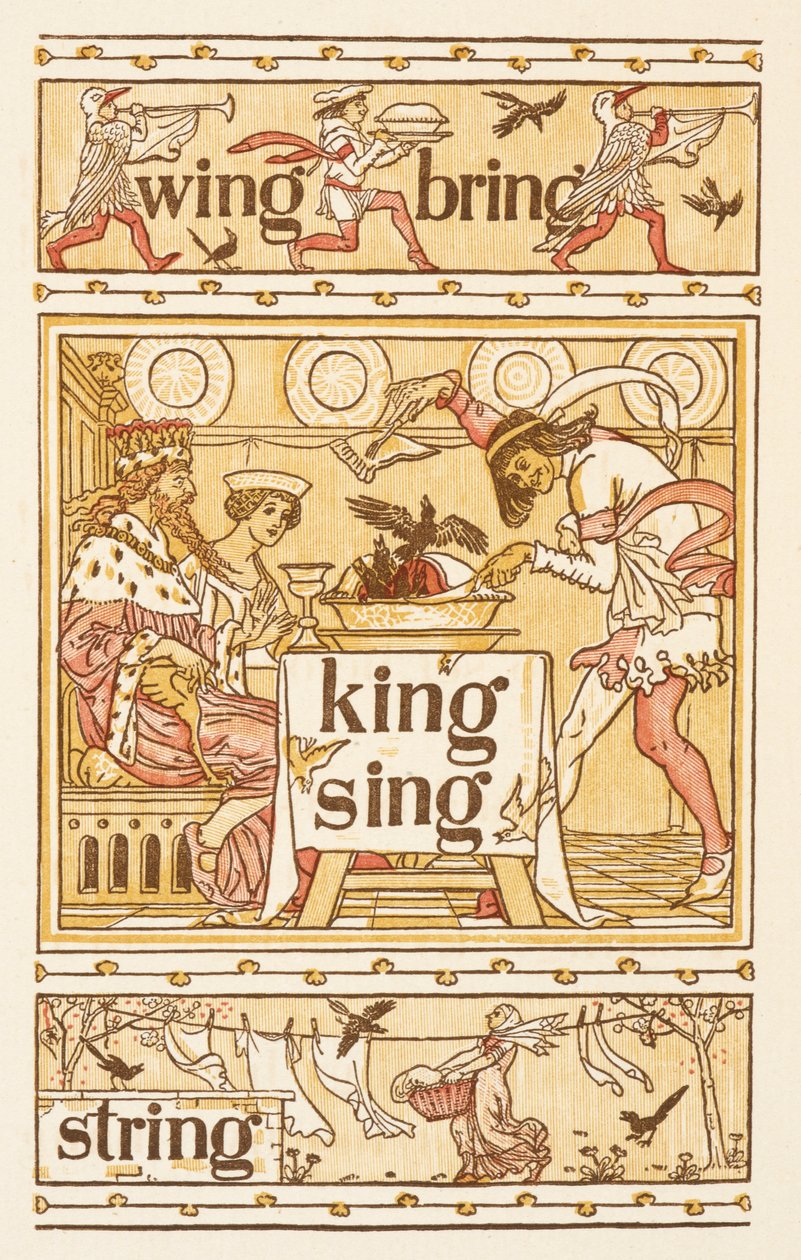 Reimwörter, die mit dem Buchstaben G enden. Amseln in einer Pastete. Eine Wäscheleine. Der goldene Primer. von Walter Crane