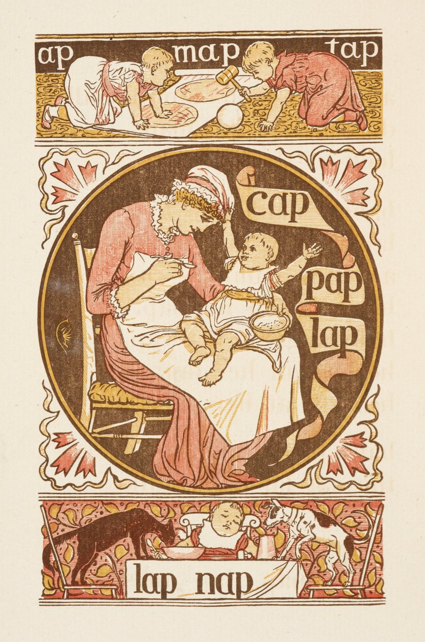 Reimwörter, die mit dem Buchstaben P enden. Eine Illustration, die eine Frau zeigt, die ein Kind füttert. Der goldene Primer. von Walter Crane