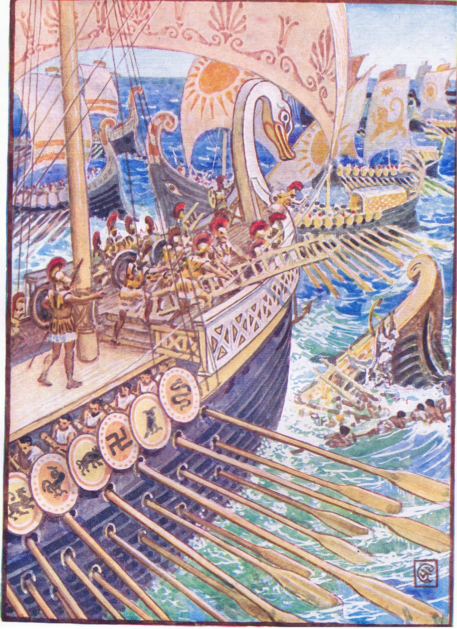 Schiff prallte gegen Schiff, bis die persischen Toten das Meer wie Blumen bedeckten, Illustration aus Die Geschichte Griechenlands, 1930er Jahre von Walter Crane