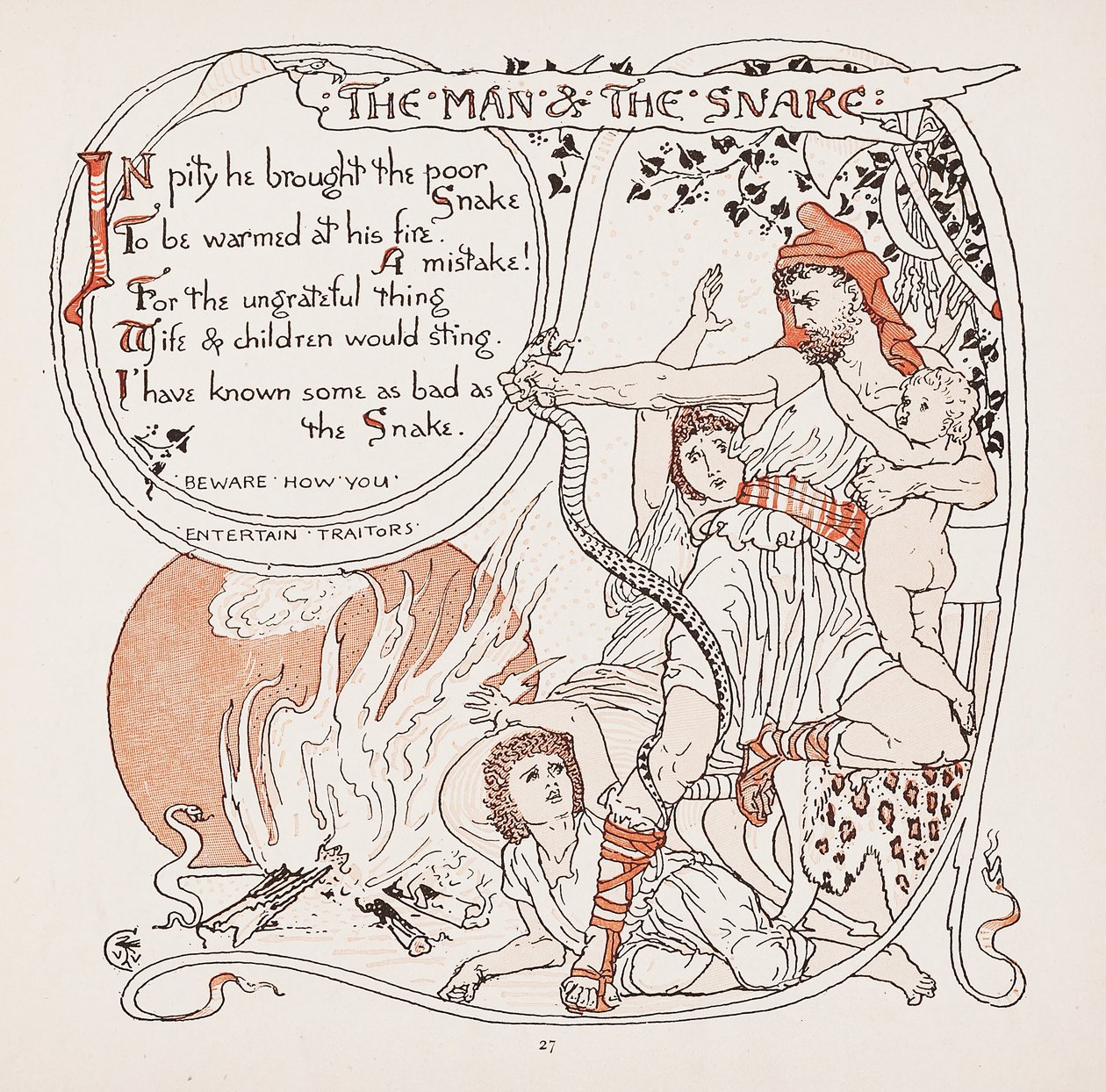 Der Mann und die Schlange, Illustration aus Aesops Fabeln, veröffentlicht 1887 von Walter Crane