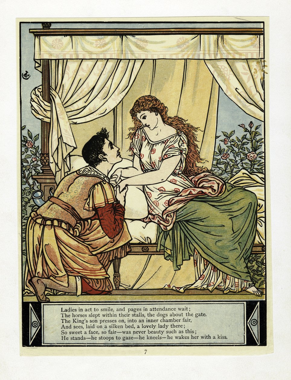 Der Prinz weckt die Schöne, aus Das Blaue Bart Bilderbuch, veröffentlicht 1879 von Walter Crane