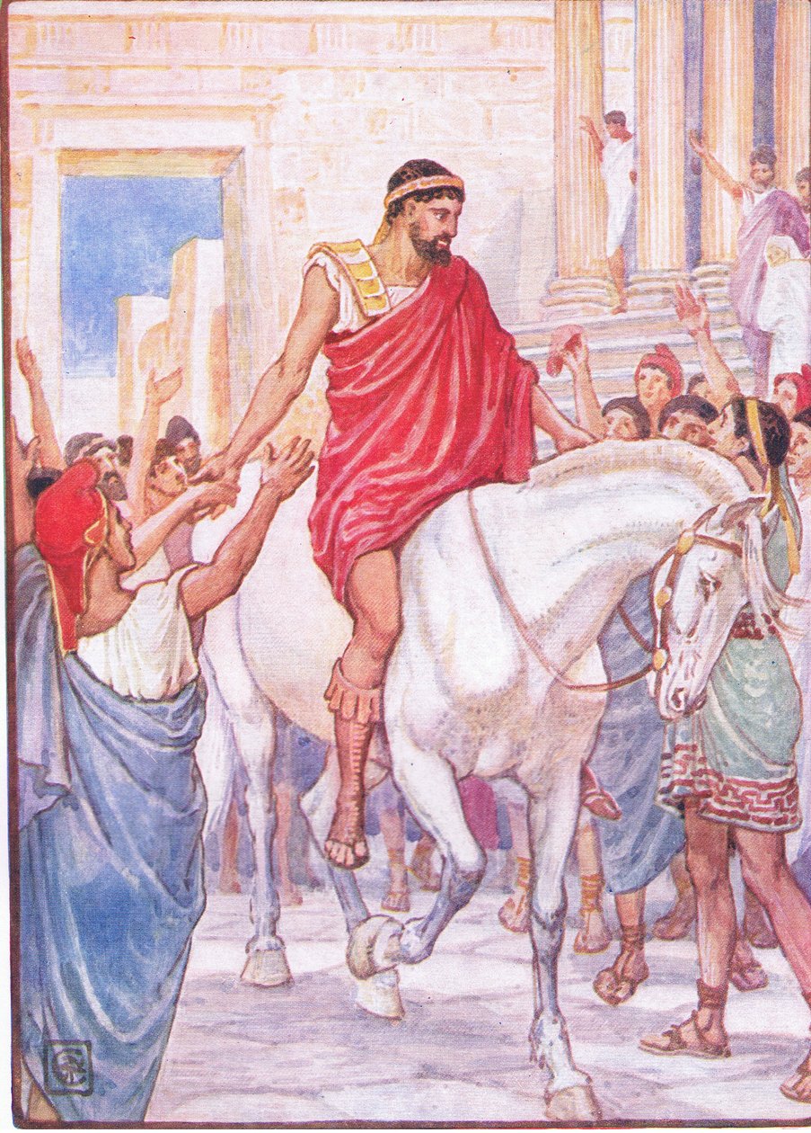 Die Menge begrüßte ihn mit lautem Jubel, Illustration aus Die Geschichte Griechenlands, 1930er Jahre von Walter Crane