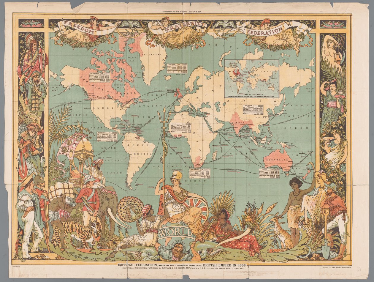 Weltkarte mit dem kolonialen Britischen Reich, 1886 von Walter Crane