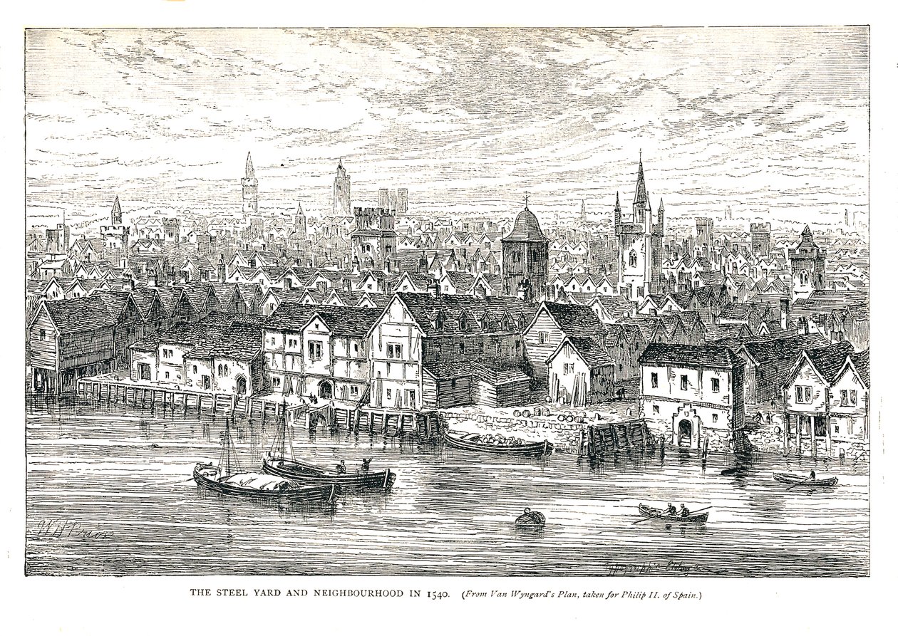 The Steel Yard Iron Wharf und Umgebung im Jahr 1540. Am Flussufer, 1878 von Walter Thornbury