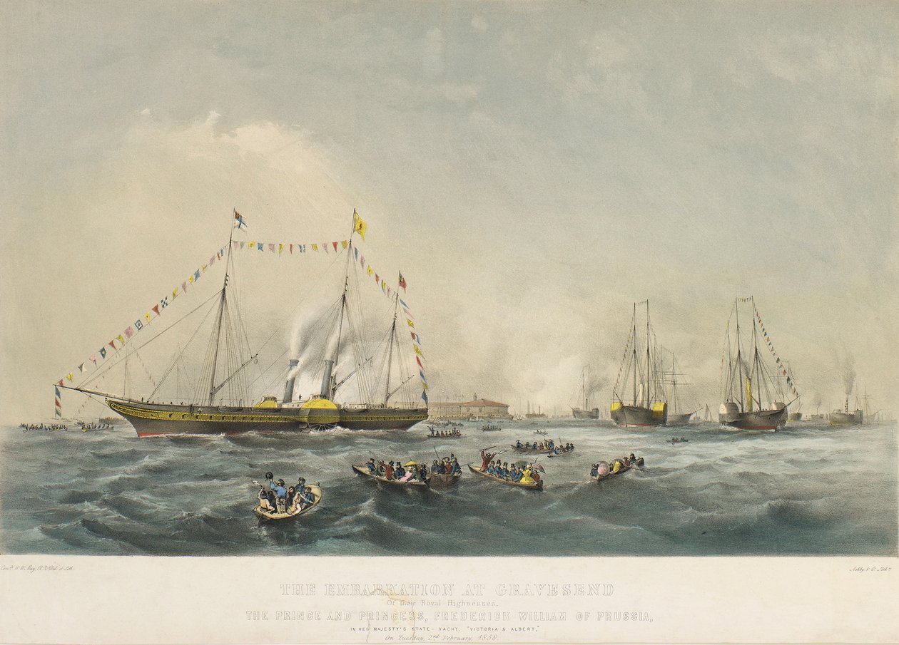 Das Einschiffen von Prinz Friedrich Wilhelm IV. von Preußen (1795-1861) und seiner Frau Elisabeth von Bayern (1801-1873) an Bord des Schiffes Victoria und Albert, in Gravesend, England, am 2. Februar von Walter William May