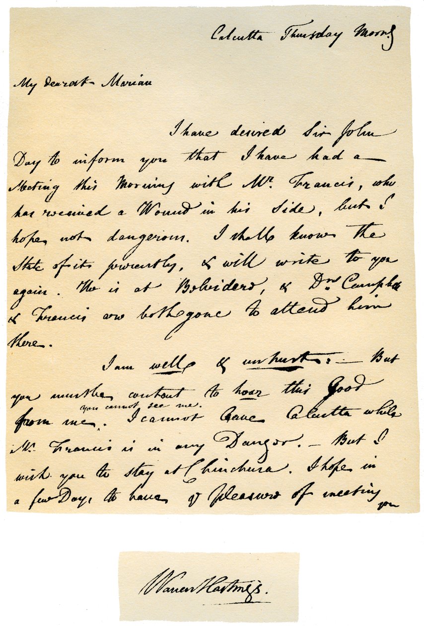 Brief von Warren Hastings, Generalgouverneur von Bengalen, an seine Frau, 17. August 1780 von Warren Hastings