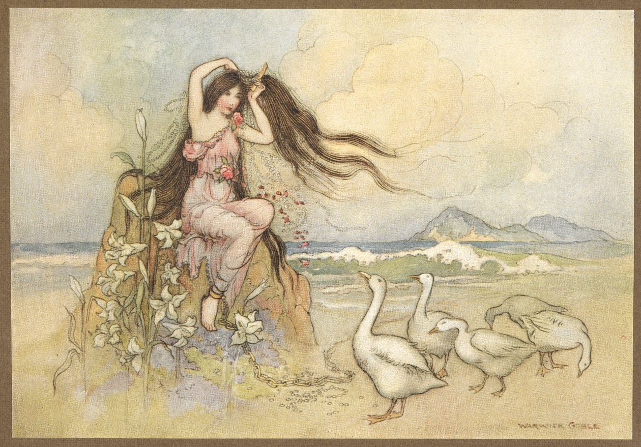 Marziella am Strand aus, Die zwei Kuchen. von Warwick Goble