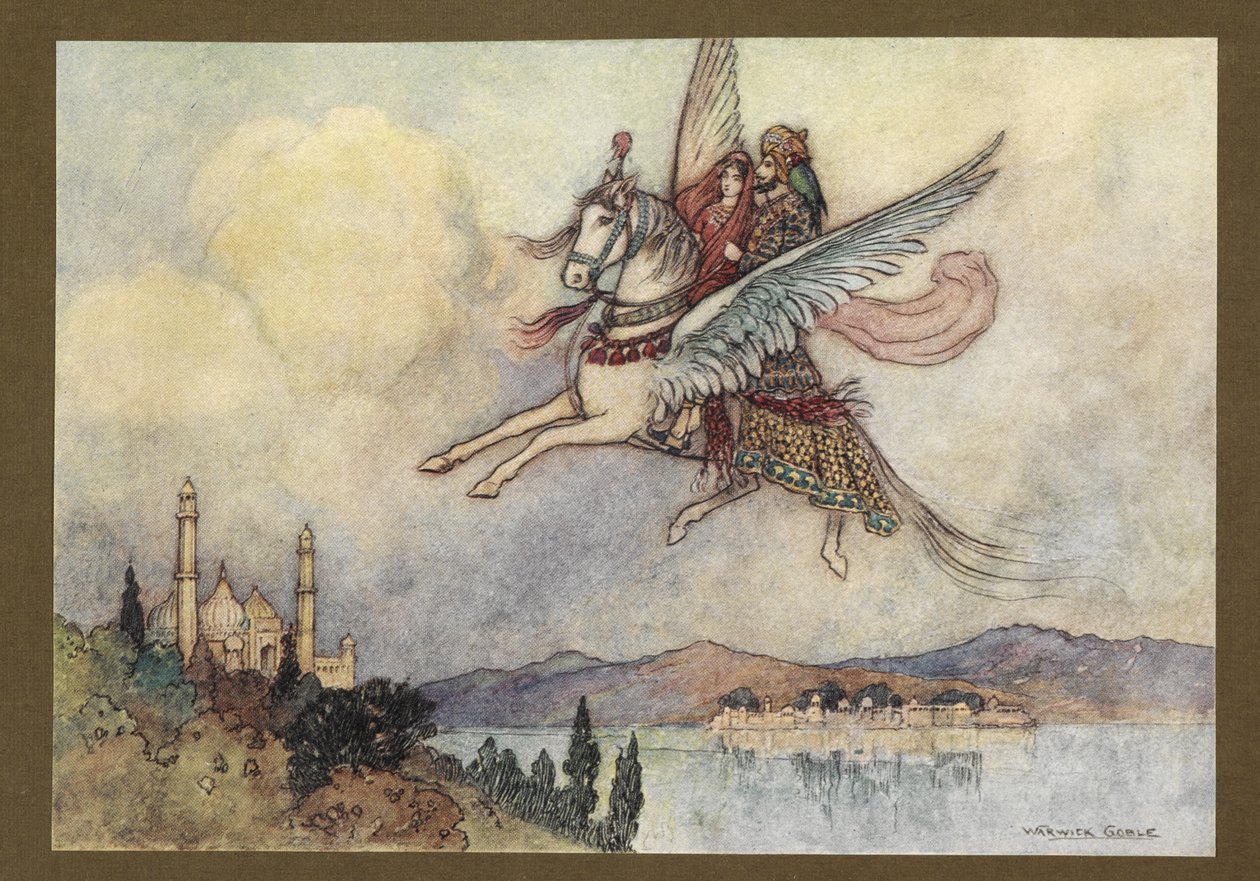 Tafel 20: "Die Dame, der König und Hiraman erreichten die Hauptstadt des Königs sicher und wohlbehalten", aus Folk-Tales of Bengal ... Mit 32 Illustrationen in Farbe von Warwick Goble (Edition de luxe.) von Warwick Goble