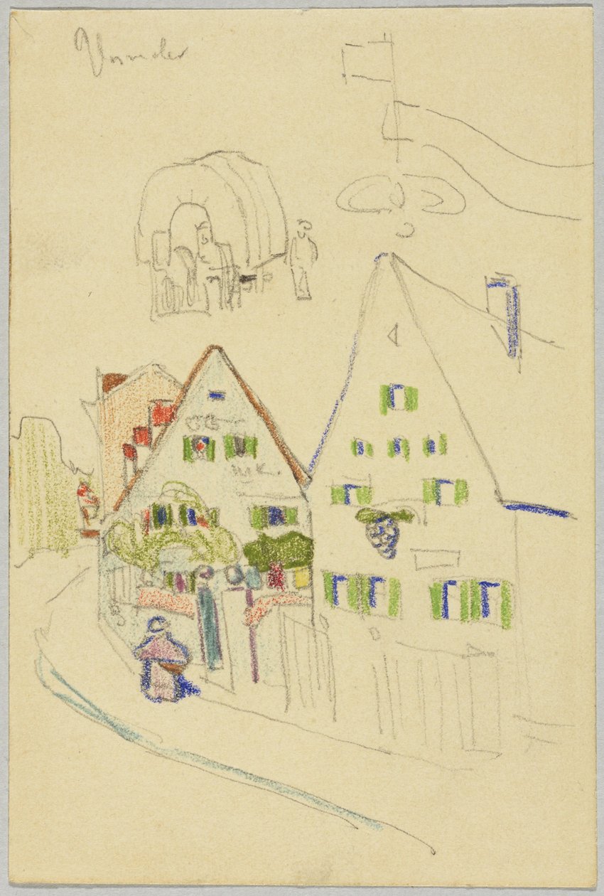 Gasse mit Satteldachhäusern und Planwagen von Wassily Kandinsky