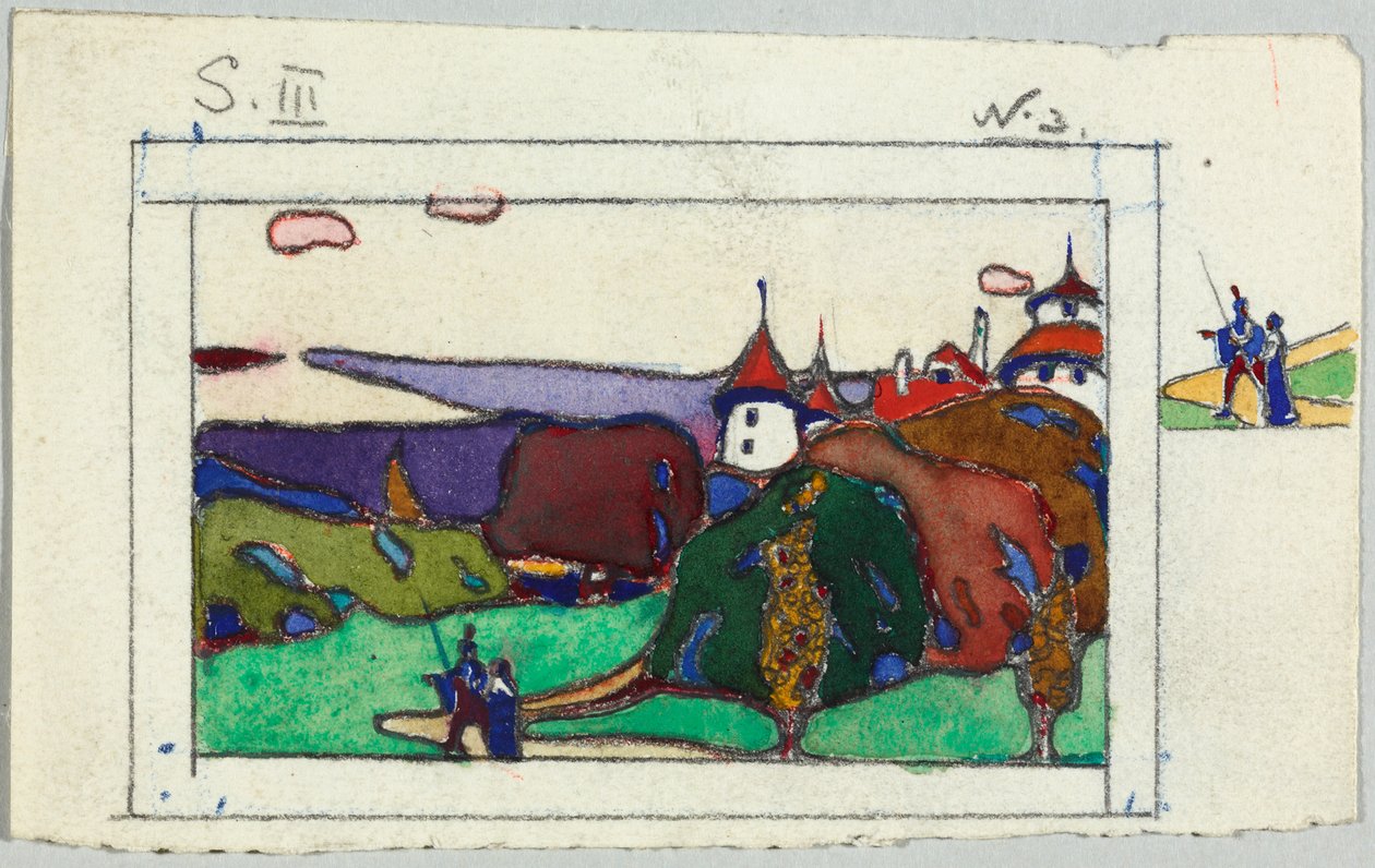 Landschaft mit Paar in mittelalterlicher Tracht, verso: Fragment eines geharnischten Ritters von Wassily Kandinsky