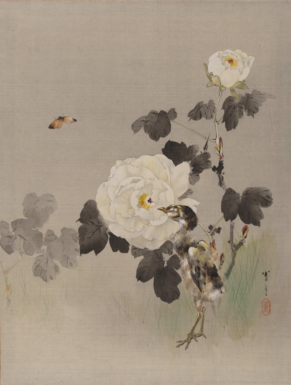 Rosen, junger Vogel und ein Schmetterling, ca. 1887 von Watanabe Seitei