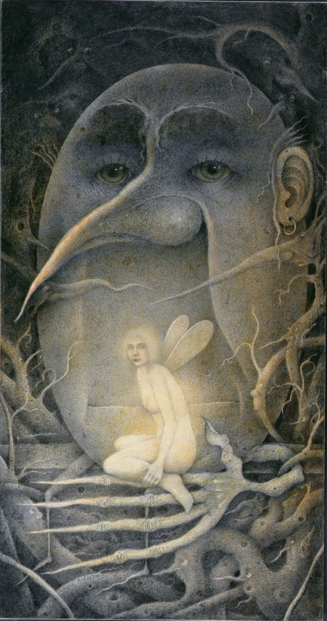 Drohender Humpty Dumpty und Fee. "Wenn du heute in den Wald gehst..." von Wayne Anderson