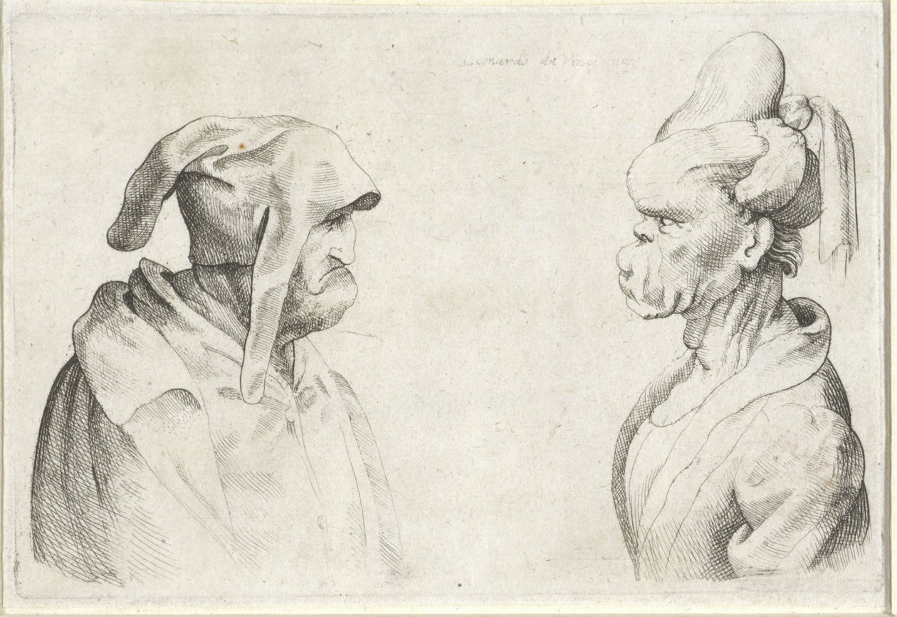 Missgestaltete Köpfe eines Mannes mit schlaffer Mütze und einer Frau mit hochgebundenem Haar von Wenceslaus Hollar (attributed to)