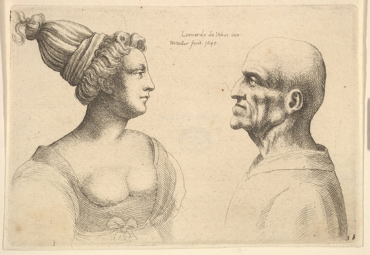 Eine Frau mit zurückgebundenem Haar und ein kahler Mann, die sich gegenüberstehen, 1645 von Wenceslaus Hollar