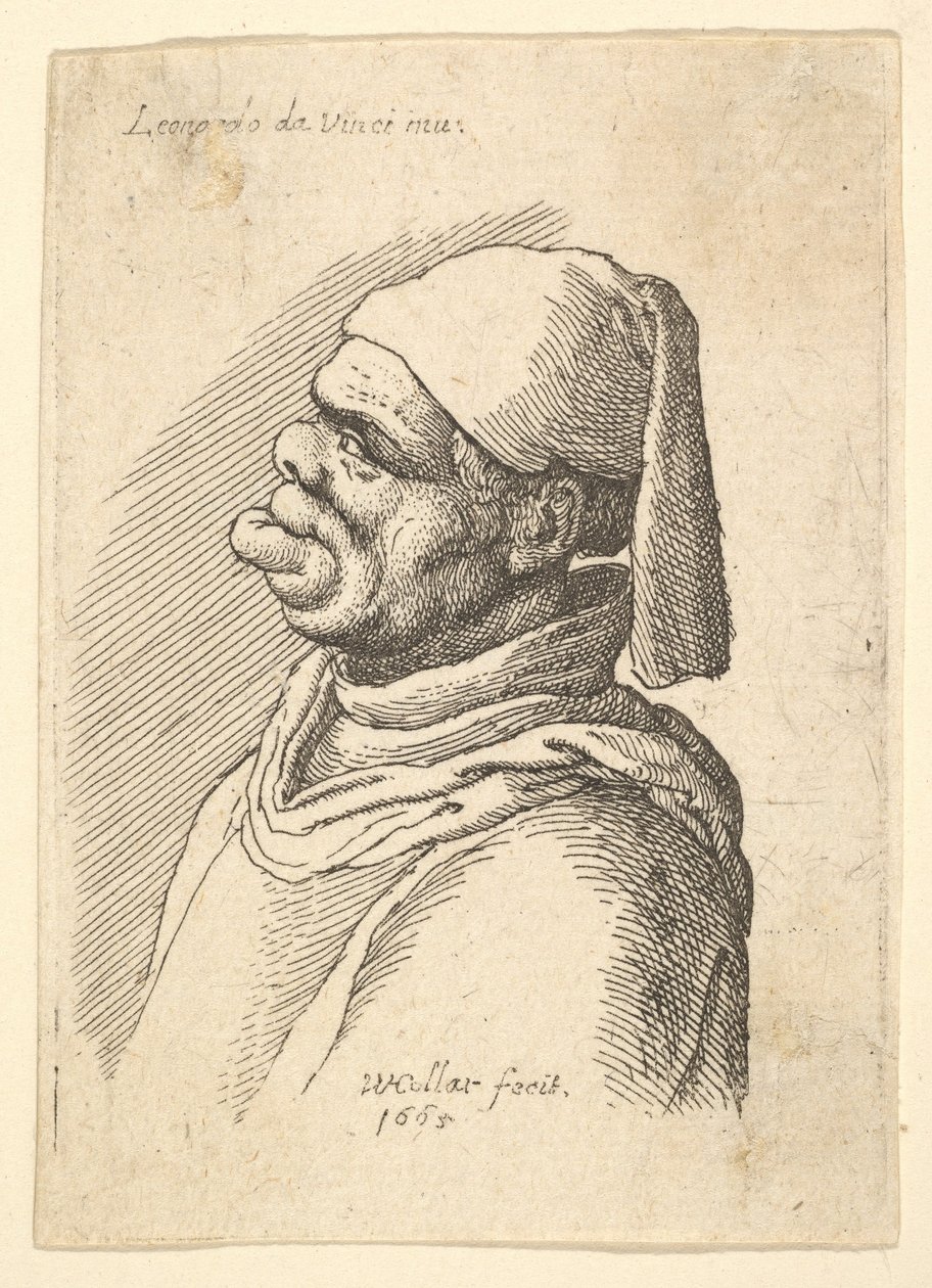 Büste eines deformierten Mannes mit Hut und dicker, hervorstehender Unterlippe im Profil nach links, 1625-77 von Wenceslaus Hollar