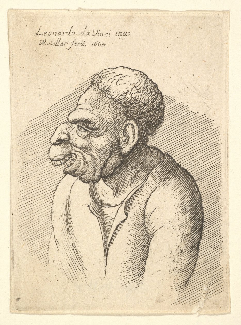Büste eines Mannes mit Hakennase, hervorstehender Oberlippe, offenem Mund und kurzen lockigen Haaren von Wenceslaus Hollar