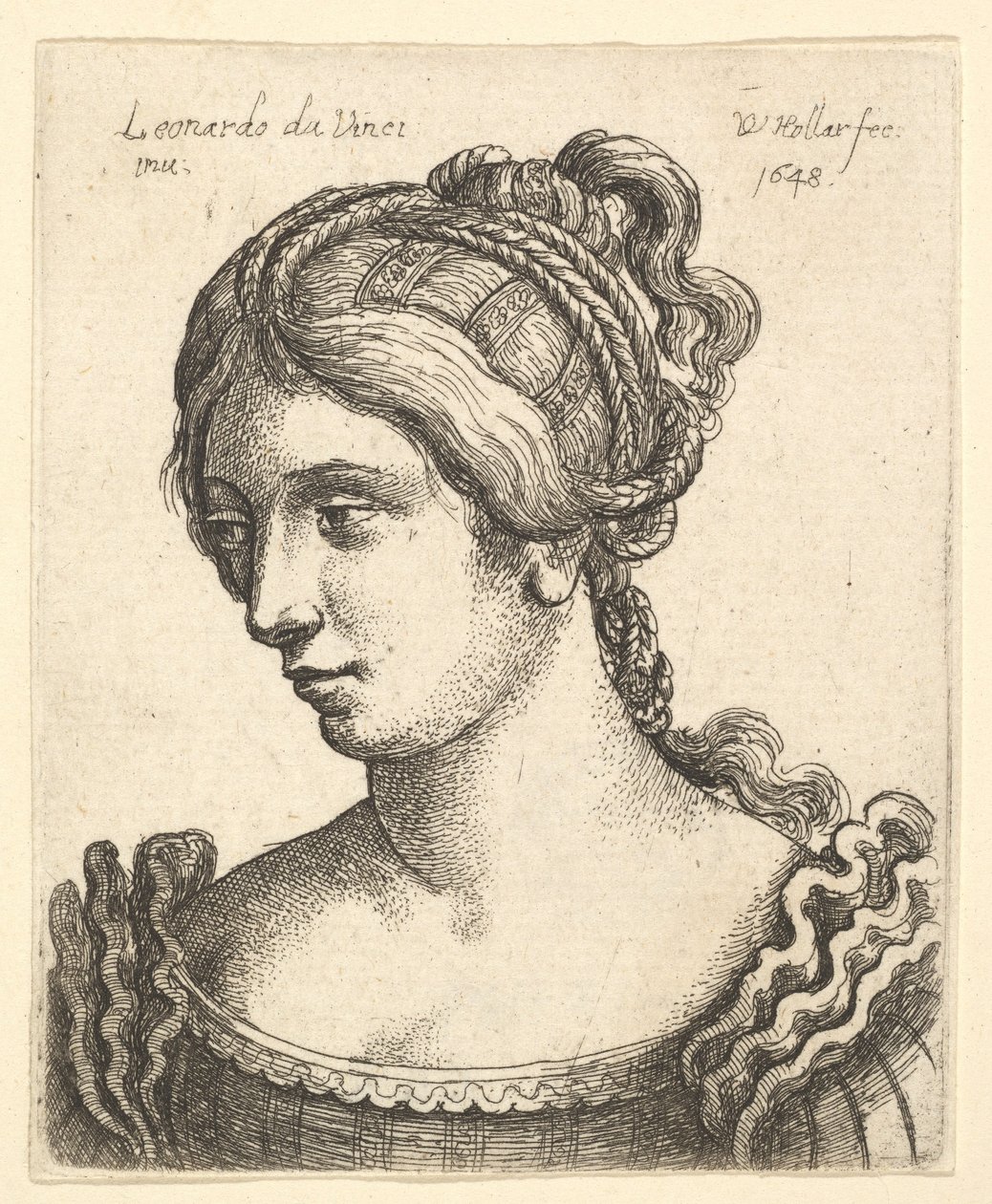 Büste einer Frau, die nach links unten schaut, mit aufwendig dekoriertem Haar, 1648 von Wenceslaus Hollar