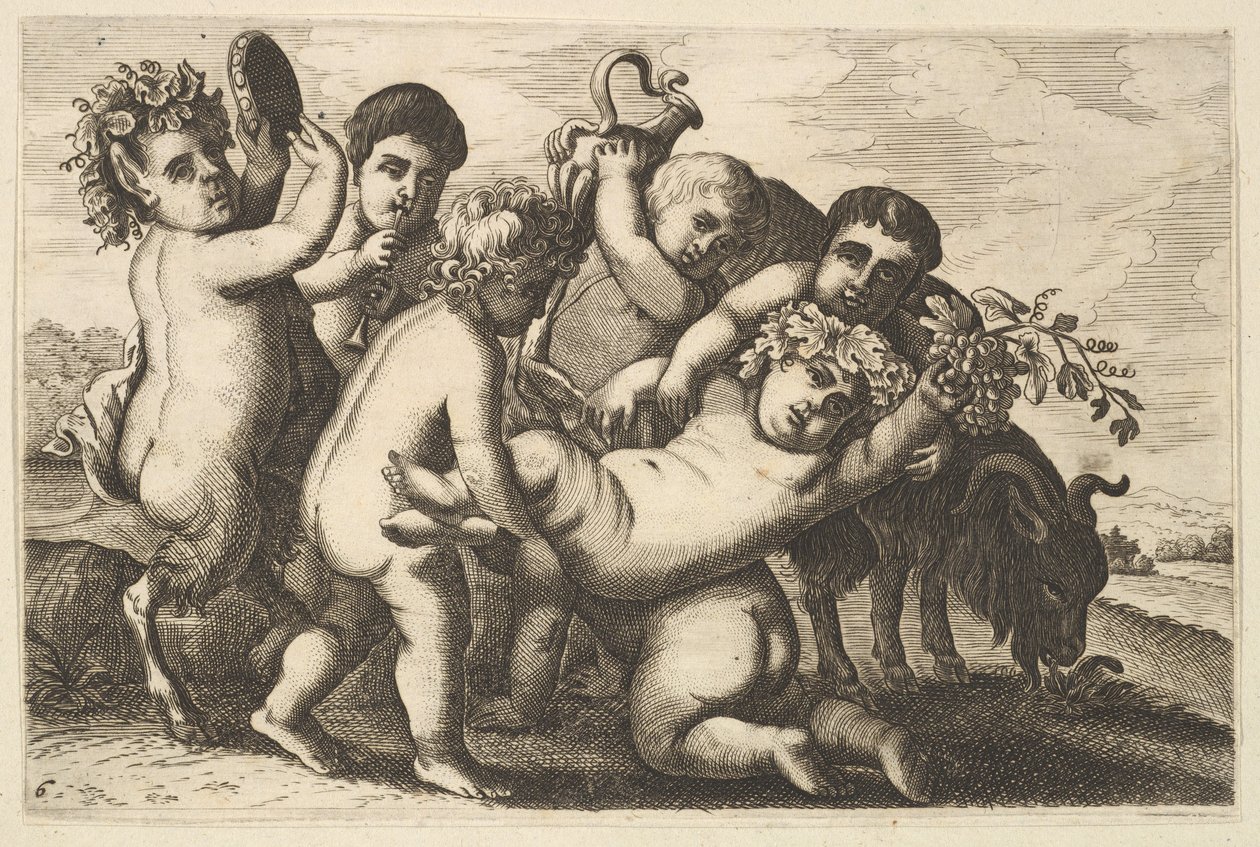 Fünf Jungen, zwei Satyrn und eine Ziege Kopie, 17. Jahrhundert von Wenceslaus Hollar