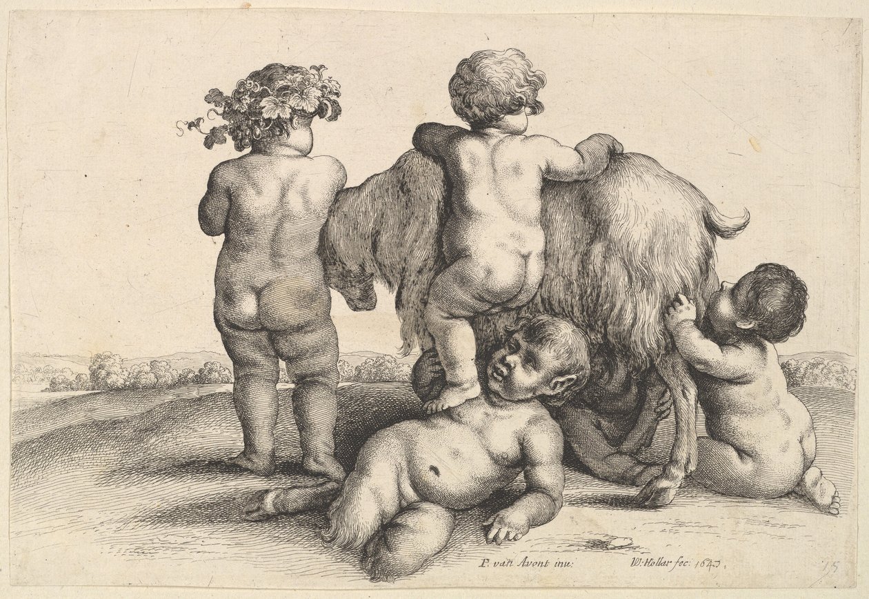 Vier Jungen, ein junger Satyr und eine Ziege, 1647 von Wenceslaus Hollar