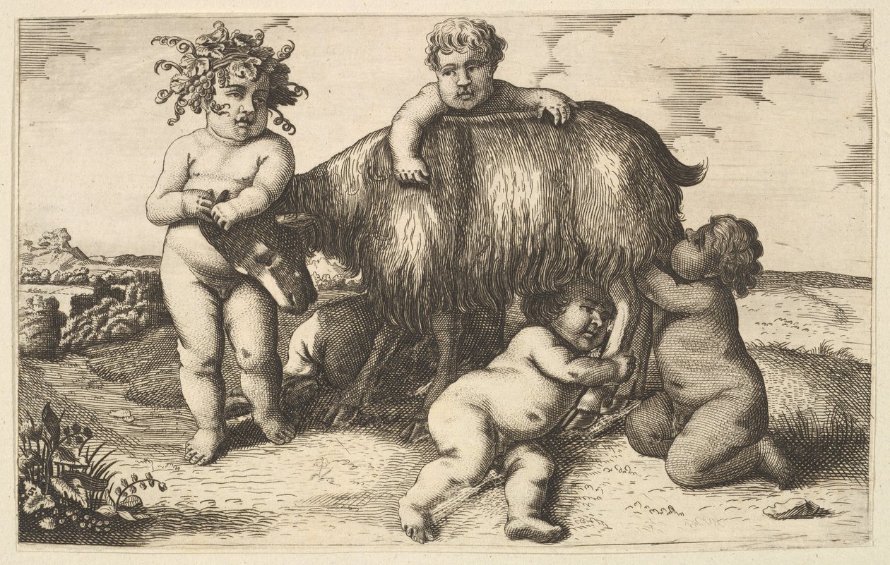 Vier Jungen, ein junger Satyr und eine Ziege, Kopie in Umkehrung, 17. Jahrhundert von Wenceslaus Hollar