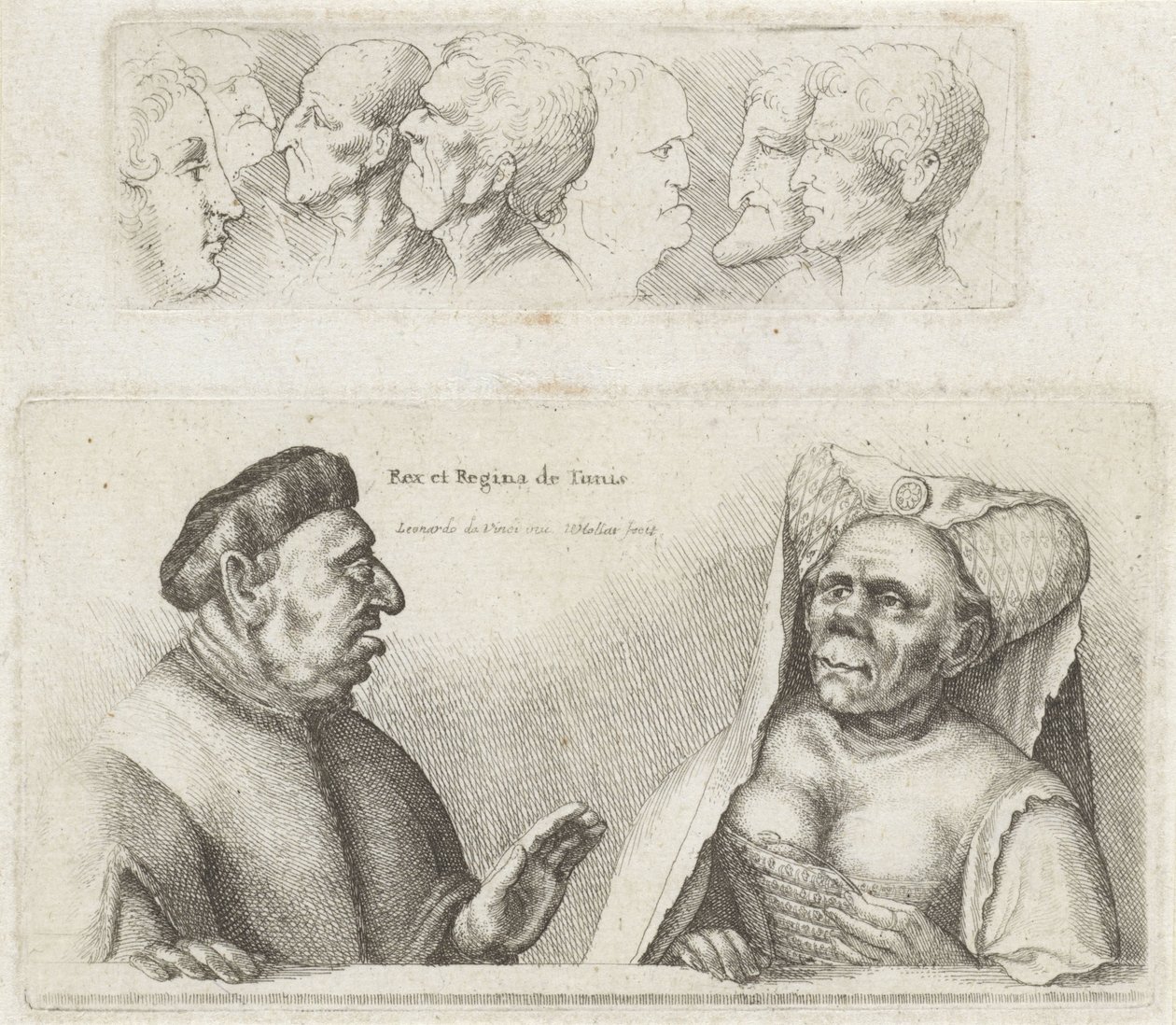 Fries mit Studienköpfen / Karikaturen des Königs und der Königin von Tunesien von Wenceslaus Hollar